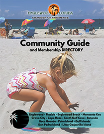 Cover of the Englewood Chamber of Commerce Community Guide and Membership Directory, in background is a girl playing at the beach
